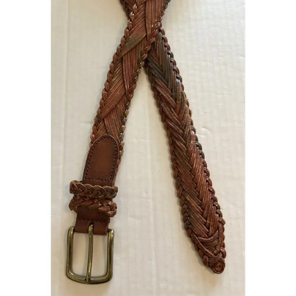 Vtg Mens Braided Belt Brown Variegated Leather Solid Brass Buckle Casual Sz 36